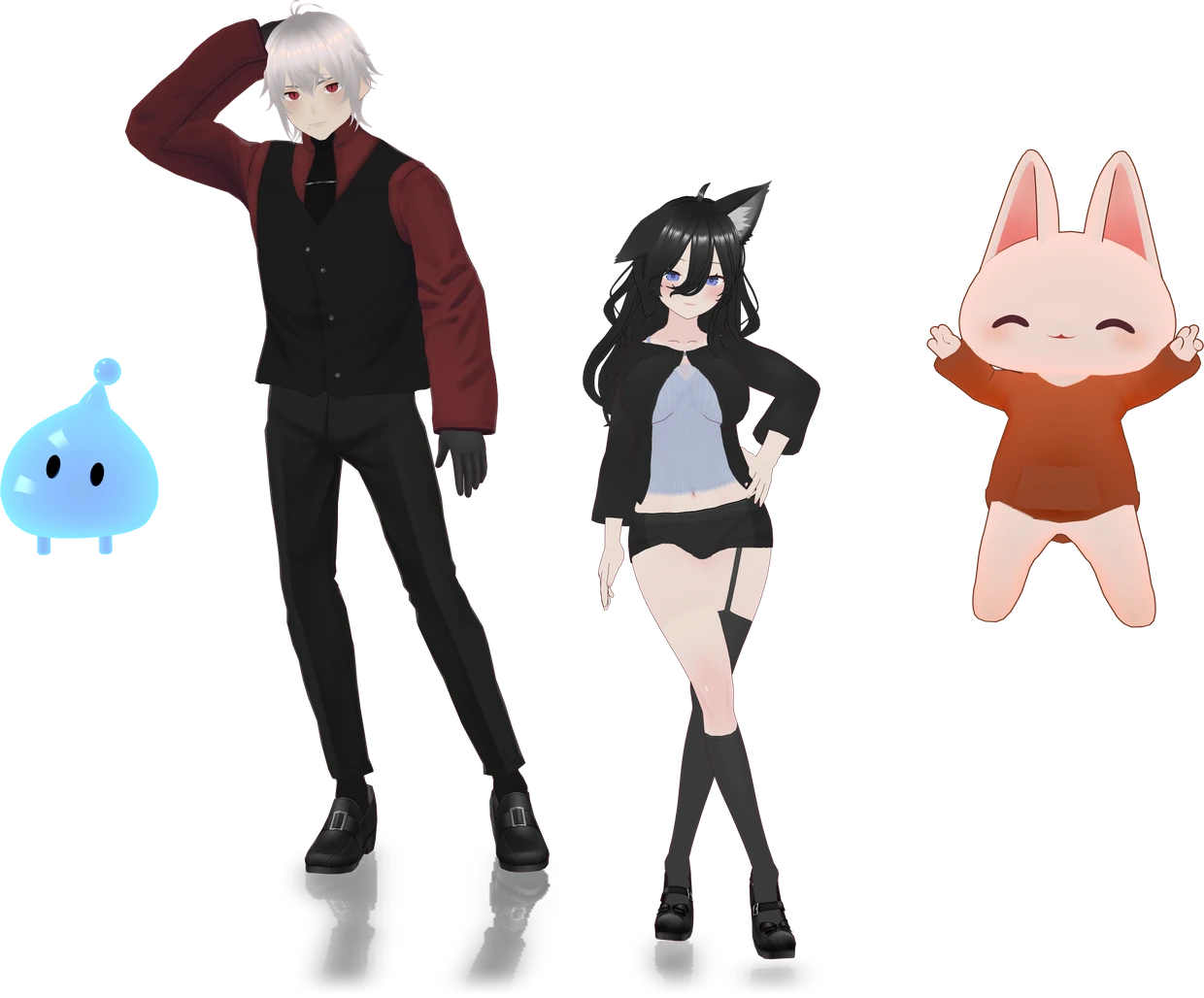 Four example dere characters: a slime, a tall figure in a waistcoat, a cat-eared figure, and a rabbit