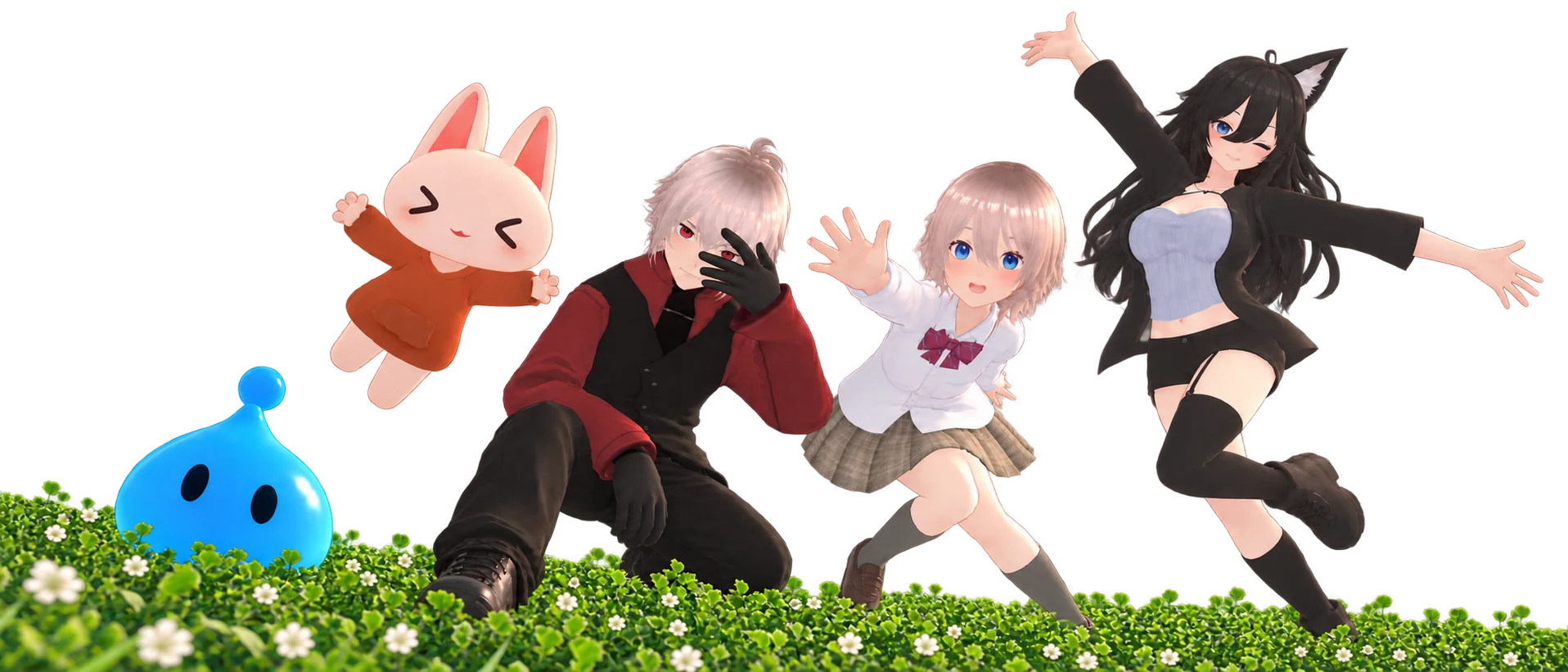 Five dere characters posing together on a grassy hill